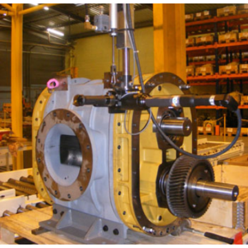 Specialized tools used for repairing a rotary positive displacement blower in the Hibon workshop located in Wasquehal, France.