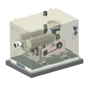 Technical drawing of the Hibon VP vacuum unit illustrating various components such as the water-injection rotary lobe blower (SIAV), motor, suction and discharge silencers, V-belt, protective housing, and palletizable enclosure.